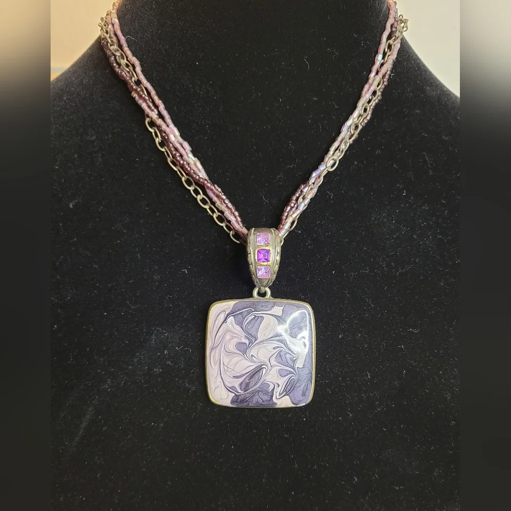 Vintage Purple & White Enamel Square Pendant Multi-strand Beaded Chain Necklace